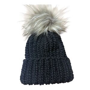 OOAK - black knit hat w/ faux fur pom -  black  colorway